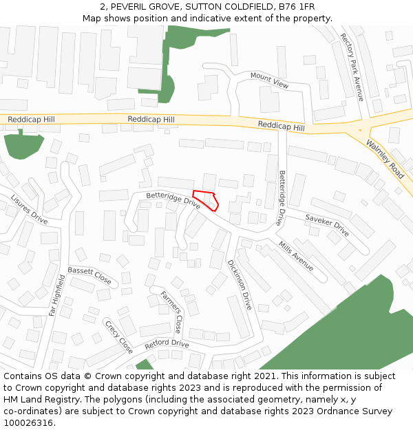 2, PEVERIL GROVE, SUTTON COLDFIELD, B76 1FR: Location map and indicative extent of plot