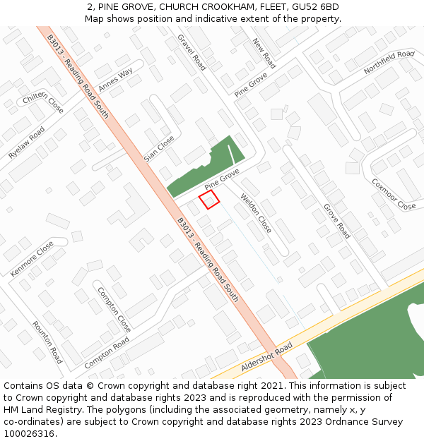 2, PINE GROVE, CHURCH CROOKHAM, FLEET, GU52 6BD: Location map and indicative extent of plot