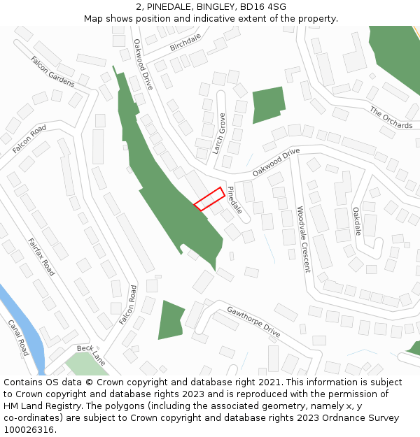 2, PINEDALE, BINGLEY, BD16 4SG: Location map and indicative extent of plot