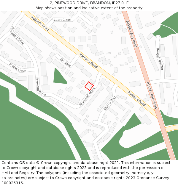 2, PINEWOOD DRIVE, BRANDON, IP27 0HF: Location map and indicative extent of plot