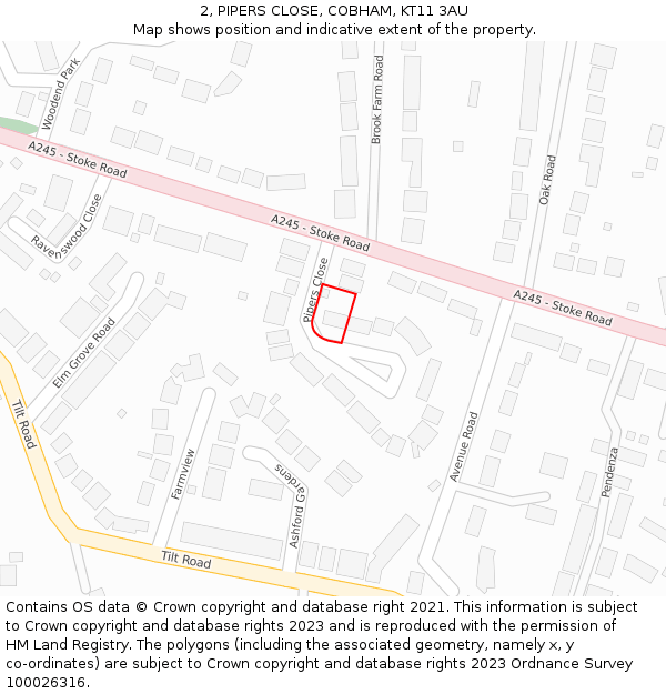 2, PIPERS CLOSE, COBHAM, KT11 3AU: Location map and indicative extent of plot