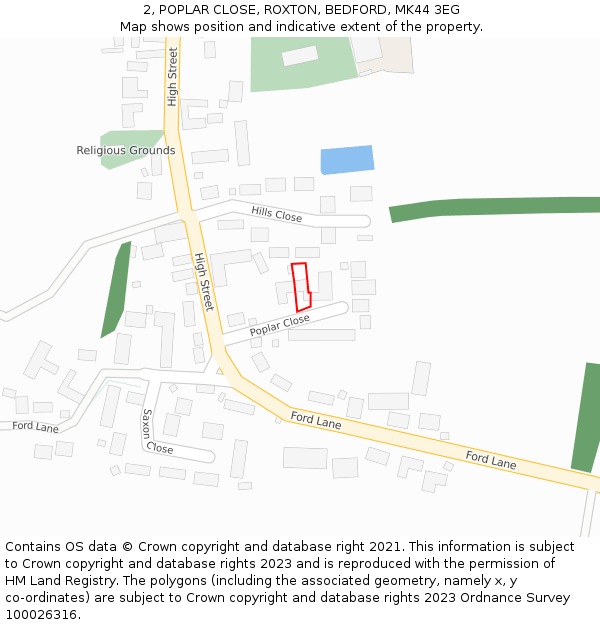 2, POPLAR CLOSE, ROXTON, BEDFORD, MK44 3EG: Location map and indicative extent of plot