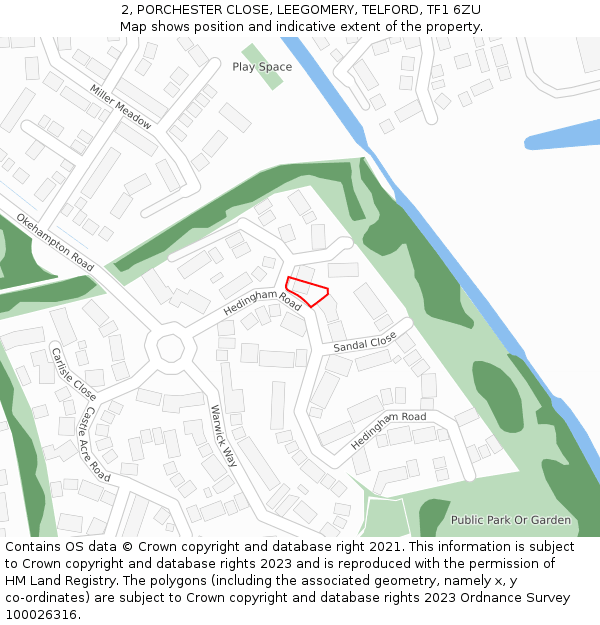 2, PORCHESTER CLOSE, LEEGOMERY, TELFORD, TF1 6ZU: Location map and indicative extent of plot