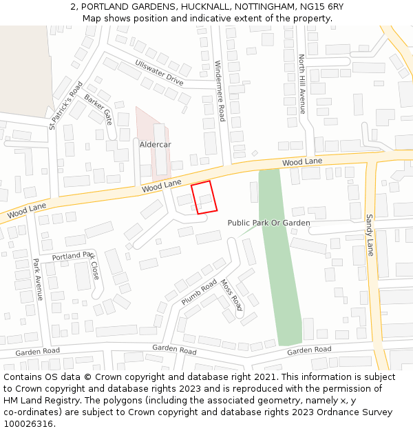 2, PORTLAND GARDENS, HUCKNALL, NOTTINGHAM, NG15 6RY: Location map and indicative extent of plot