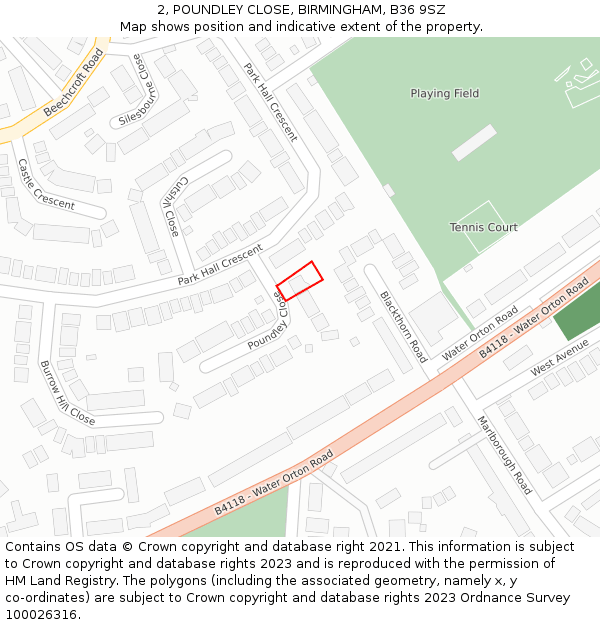 2, POUNDLEY CLOSE, BIRMINGHAM, B36 9SZ: Location map and indicative extent of plot