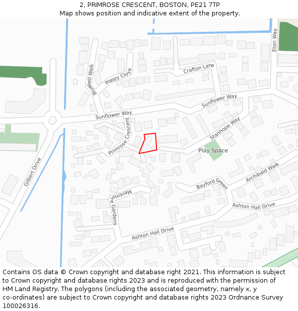 2, PRIMROSE CRESCENT, BOSTON, PE21 7TP: Location map and indicative extent of plot