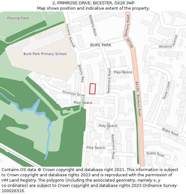 2, PRIMROSE DRIVE, BICESTER, OX26 3WP: Location map and indicative extent of plot