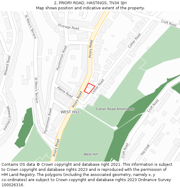 2, PRIORY ROAD, HASTINGS, TN34 3JH: Location map and indicative extent of plot