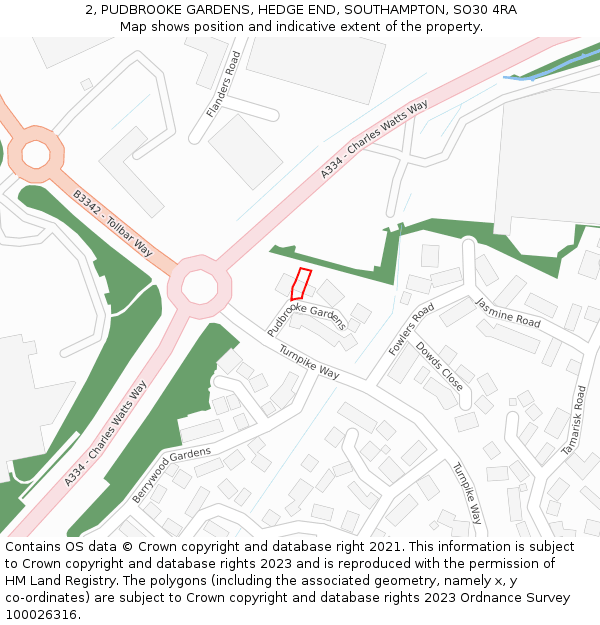 2, PUDBROOKE GARDENS, HEDGE END, SOUTHAMPTON, SO30 4RA: Location map and indicative extent of plot