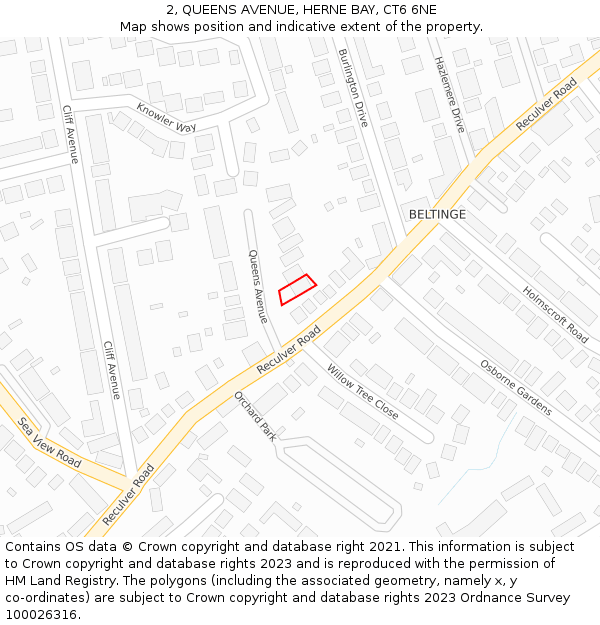 2, QUEENS AVENUE, HERNE BAY, CT6 6NE: Location map and indicative extent of plot