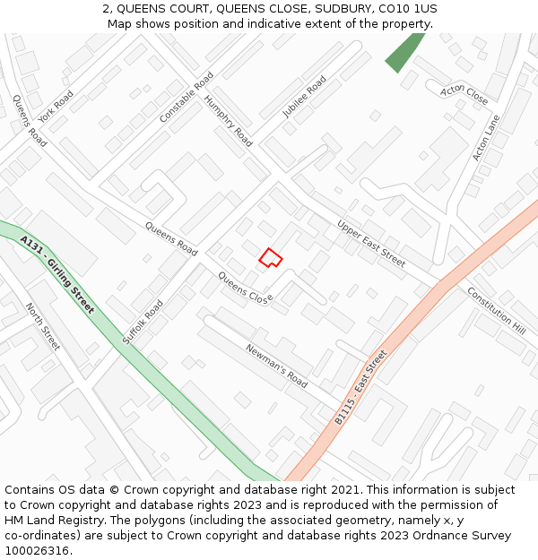 2, QUEENS COURT, QUEENS CLOSE, SUDBURY, CO10 1US: Location map and indicative extent of plot