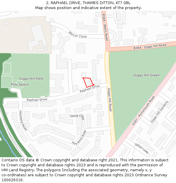 2, RAPHAEL DRIVE, THAMES DITTON, KT7 0BL: Location map and indicative extent of plot