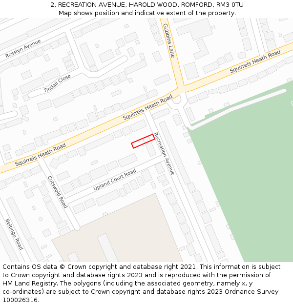 2, RECREATION AVENUE, HAROLD WOOD, ROMFORD, RM3 0TU: Location map and indicative extent of plot