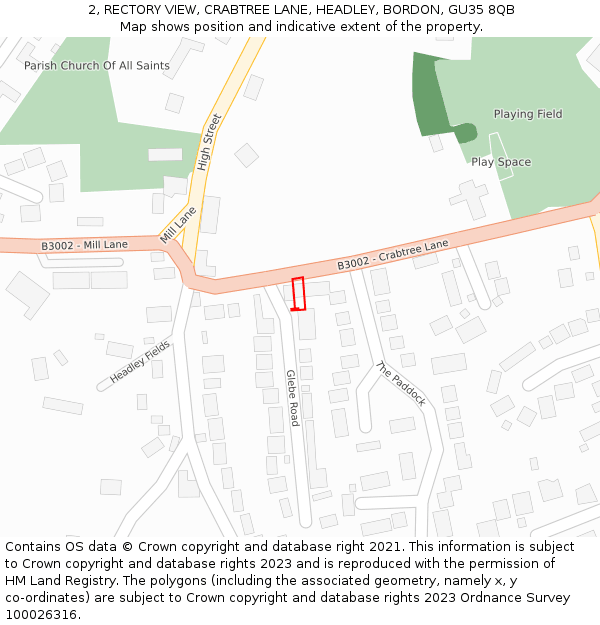 2, RECTORY VIEW, CRABTREE LANE, HEADLEY, BORDON, GU35 8QB: Location map and indicative extent of plot