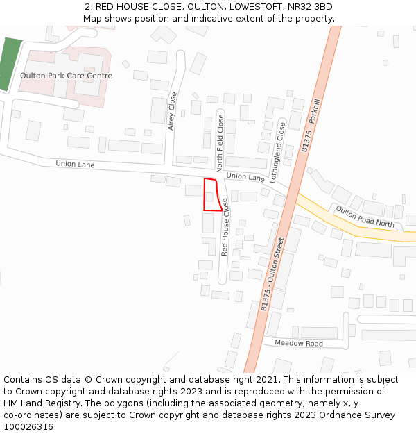 2, RED HOUSE CLOSE, OULTON, LOWESTOFT, NR32 3BD: Location map and indicative extent of plot