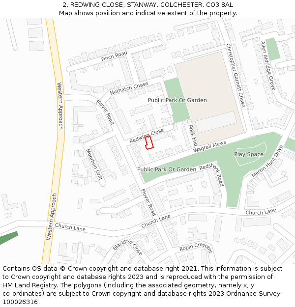 2, REDWING CLOSE, STANWAY, COLCHESTER, CO3 8AL: Location map and indicative extent of plot