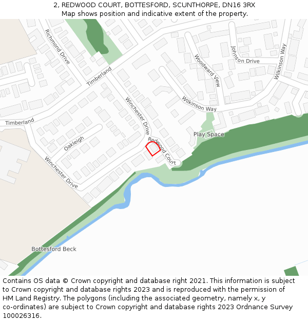 2, REDWOOD COURT, BOTTESFORD, SCUNTHORPE, DN16 3RX: Location map and indicative extent of plot
