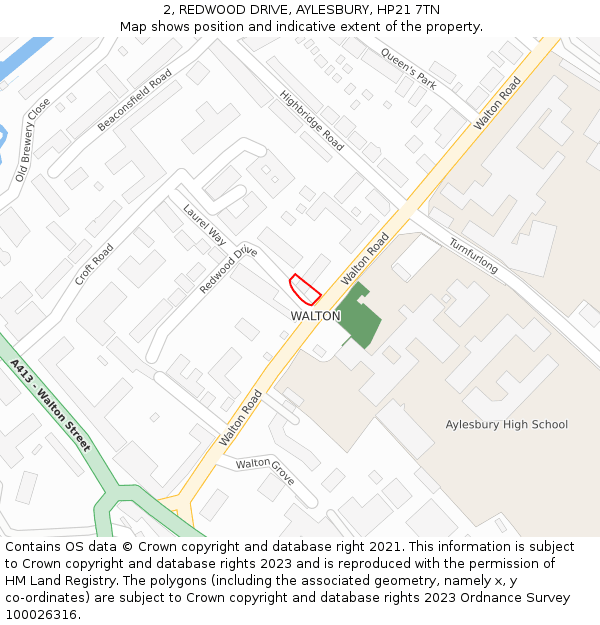 2, REDWOOD DRIVE, AYLESBURY, HP21 7TN: Location map and indicative extent of plot