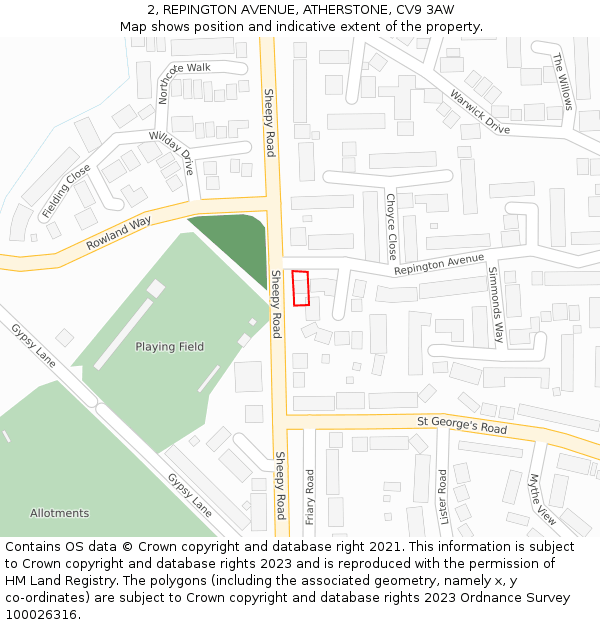 2, REPINGTON AVENUE, ATHERSTONE, CV9 3AW: Location map and indicative extent of plot