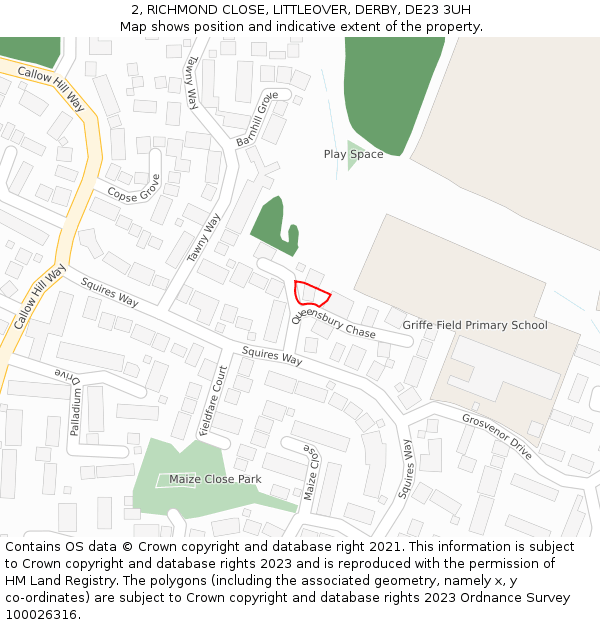 2, RICHMOND CLOSE, LITTLEOVER, DERBY, DE23 3UH: Location map and indicative extent of plot