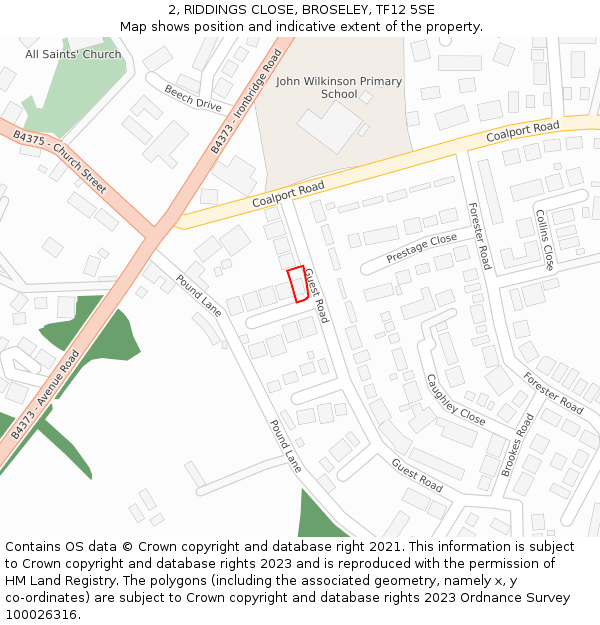 2, RIDDINGS CLOSE, BROSELEY, TF12 5SE: Location map and indicative extent of plot