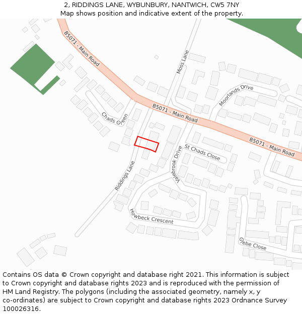2, RIDDINGS LANE, WYBUNBURY, NANTWICH, CW5 7NY: Location map and indicative extent of plot