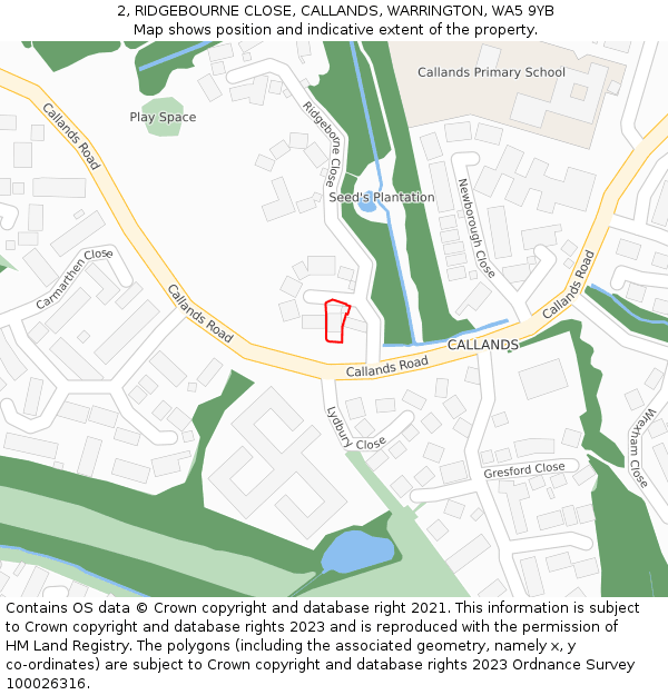 2, RIDGEBOURNE CLOSE, CALLANDS, WARRINGTON, WA5 9YB: Location map and indicative extent of plot
