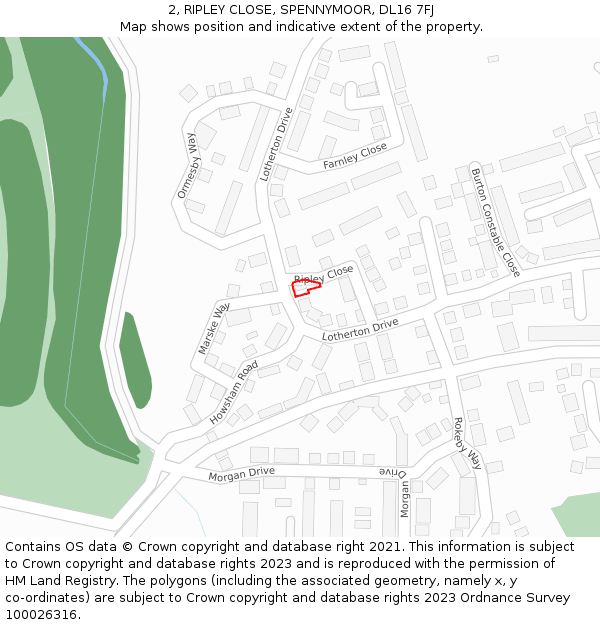 2, RIPLEY CLOSE, SPENNYMOOR, DL16 7FJ: Location map and indicative extent of plot