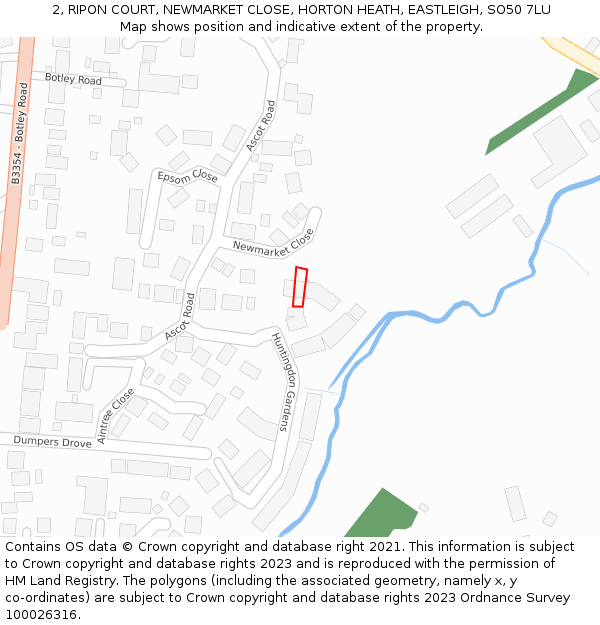 2, RIPON COURT, NEWMARKET CLOSE, HORTON HEATH, EASTLEIGH, SO50 7LU: Location map and indicative extent of plot