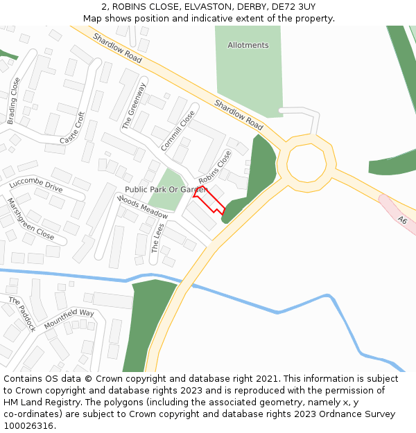 2, ROBINS CLOSE, ELVASTON, DERBY, DE72 3UY: Location map and indicative extent of plot