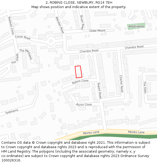 2, ROBINS CLOSE, NEWBURY, RG14 7EH: Location map and indicative extent of plot