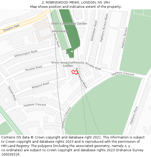 2, ROBINSWOOD MEWS, LONDON, N5 1RH: Location map and indicative extent of plot