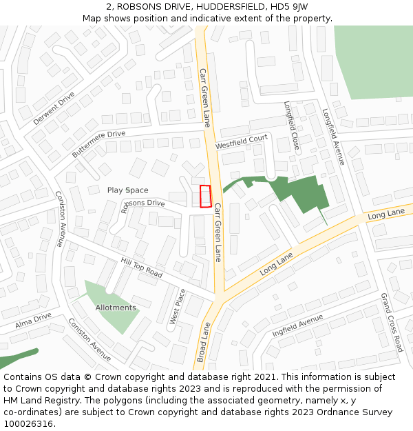 2, ROBSONS DRIVE, HUDDERSFIELD, HD5 9JW: Location map and indicative extent of plot