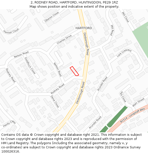 2, RODNEY ROAD, HARTFORD, HUNTINGDON, PE29 1RZ: Location map and indicative extent of plot