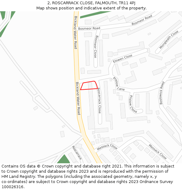 2, ROSCARRACK CLOSE, FALMOUTH, TR11 4PJ: Location map and indicative extent of plot