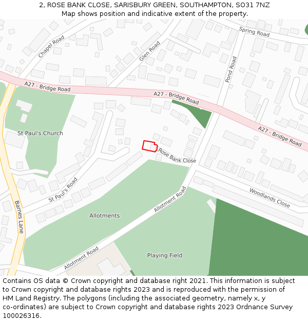 2, ROSE BANK CLOSE, SARISBURY GREEN, SOUTHAMPTON, SO31 7NZ: Location map and indicative extent of plot