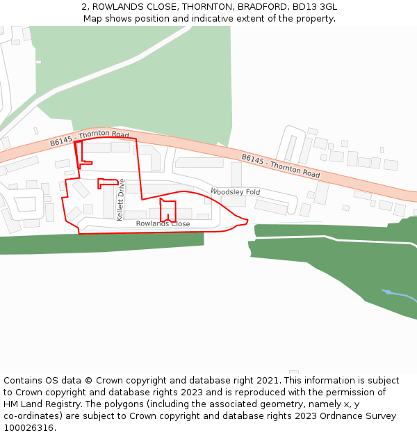 2, ROWLANDS CLOSE, THORNTON, BRADFORD, BD13 3GL: Location map and indicative extent of plot