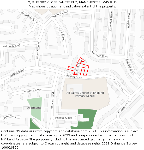 2, RUFFORD CLOSE, WHITEFIELD, MANCHESTER, M45 8UD: Location map and indicative extent of plot