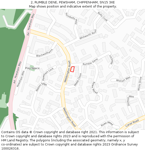 2, RUMBLE DENE, PEWSHAM, CHIPPENHAM, SN15 3XE: Location map and indicative extent of plot