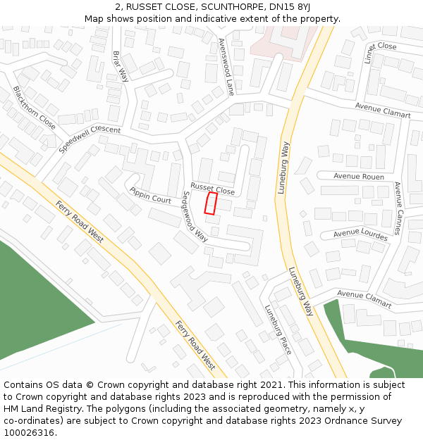 2, RUSSET CLOSE, SCUNTHORPE, DN15 8YJ: Location map and indicative extent of plot