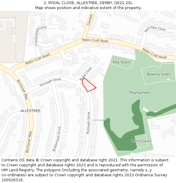 2, RYDAL CLOSE, ALLESTREE, DERBY, DE22 2SL: Location map and indicative extent of plot