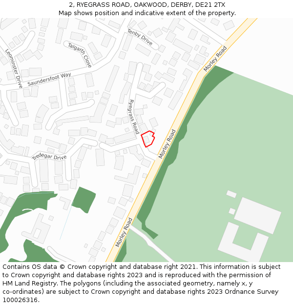 2, RYEGRASS ROAD, OAKWOOD, DERBY, DE21 2TX: Location map and indicative extent of plot
