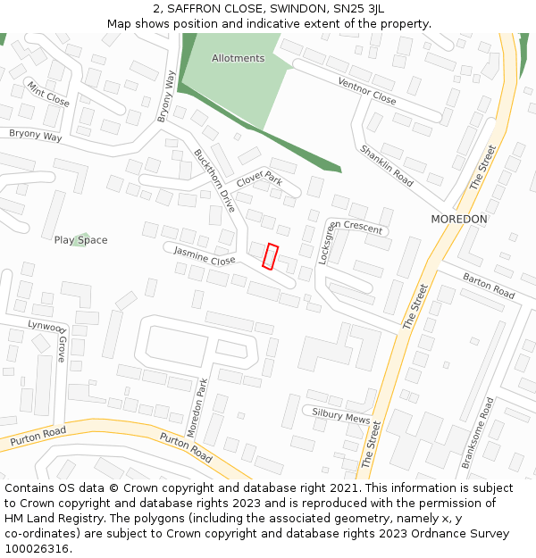 2, SAFFRON CLOSE, SWINDON, SN25 3JL: Location map and indicative extent of plot