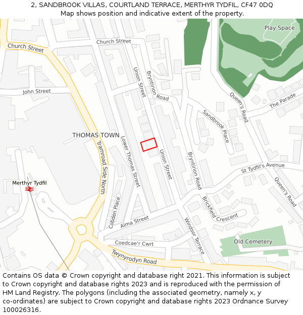 2, SANDBROOK VILLAS, COURTLAND TERRACE, MERTHYR TYDFIL, CF47 0DQ: Location map and indicative extent of plot