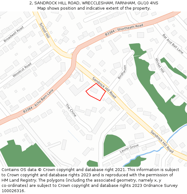 2, SANDROCK HILL ROAD, WRECCLESHAM, FARNHAM, GU10 4NS: Location map and indicative extent of plot