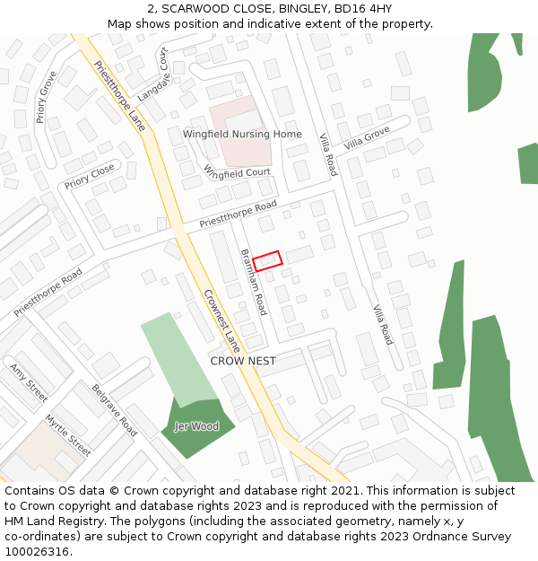 2, SCARWOOD CLOSE, BINGLEY, BD16 4HY: Location map and indicative extent of plot