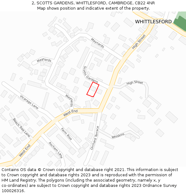 2, SCOTTS GARDENS, WHITTLESFORD, CAMBRIDGE, CB22 4NR: Location map and indicative extent of plot