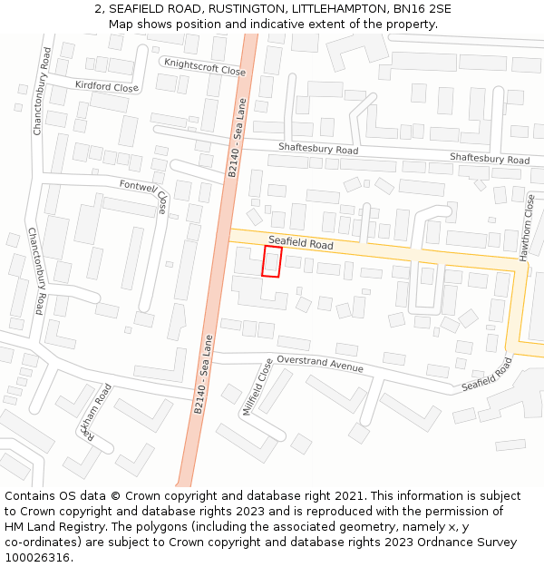 2, SEAFIELD ROAD, RUSTINGTON, LITTLEHAMPTON, BN16 2SE: Location map and indicative extent of plot