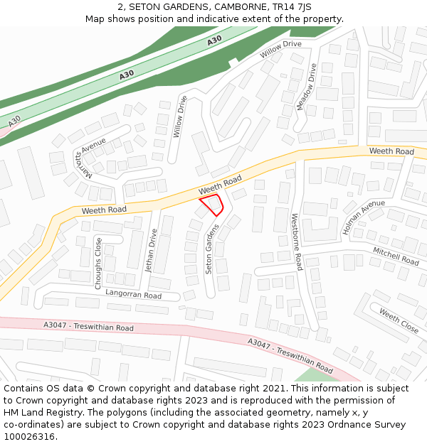 2, SETON GARDENS, CAMBORNE, TR14 7JS: Location map and indicative extent of plot
