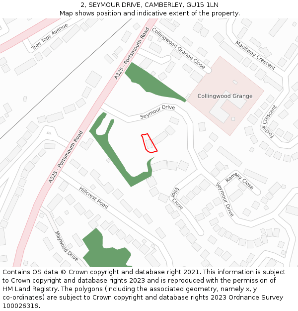 2, SEYMOUR DRIVE, CAMBERLEY, GU15 1LN: Location map and indicative extent of plot